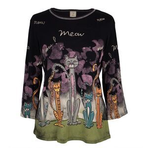 Jess & Jane Meow Meow Cats Meowing In The Night Long Sleeve Knit V-Neck -M - NEW